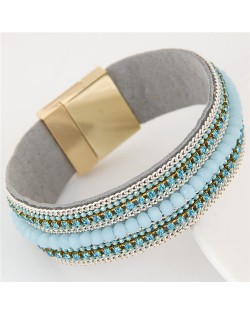 Rhinestone Embellished and Chain Attached Design Beads Fashion Bangle - Blue