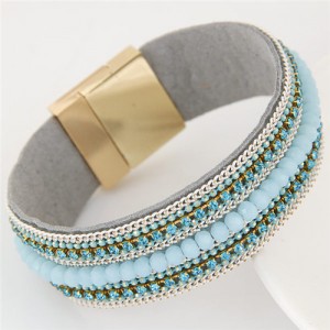Rhinestone Embellished and Chain Attached Design Beads Fashion Bangle - Blue