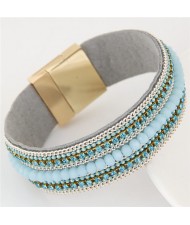 Rhinestone Embellished and Chain Attached Design Beads Fashion Bangle - Blue