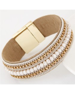Rhinestone Embellished and Chain Attached Design Beads Fashion Bangle - White