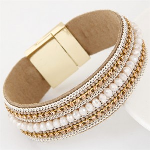Rhinestone Embellished and Chain Attached Design Beads Fashion Bangle - White