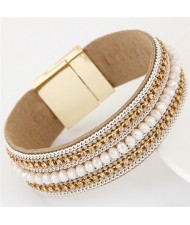 Rhinestone Embellished and Chain Attached Design Beads Fashion Bangle - White