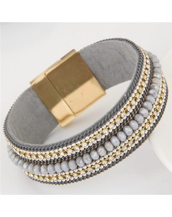 Rhinestone Embellished and Chain Attached Design Beads Fashion Bangle - Gray