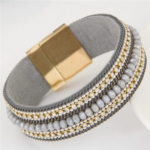 Rhinestone Embellished and Chain Attached Design Beads Fashion Bangle - Gray
