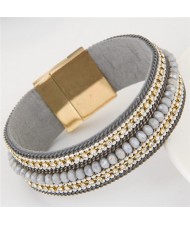 Rhinestone Embellished and Chain Attached Design Beads Fashion Bangle - Gray