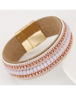 Rhinestone Embellished and Chain Attached Design Beads Fashion Bangle - Pink