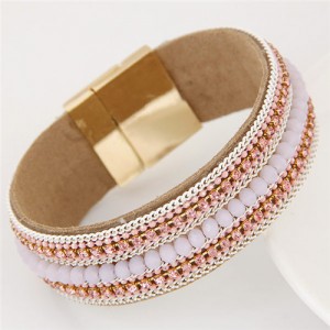 Rhinestone Embellished and Chain Attached Design Beads Fashion Bangle - Pink