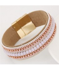 Rhinestone Embellished and Chain Attached Design Beads Fashion Bangle - Pink