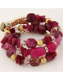 Graceful Stone and Seashell Elements Triple Layers Bohemian Fashion Bracelet - Rose