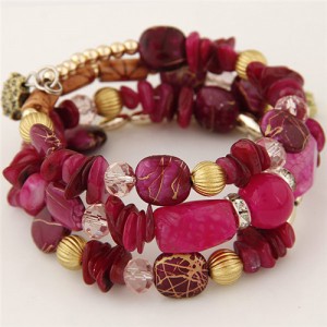 Graceful Stone and Seashell Elements Triple Layers Bohemian Fashion Bracelet - Rose