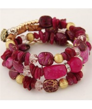 Graceful Stone and Seashell Elements Triple Layers Bohemian Fashion Bracelet - Rose
