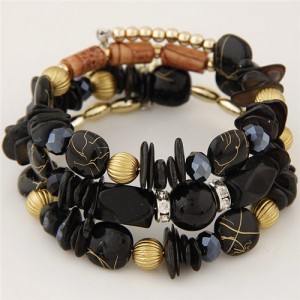 Graceful Stone and Seashell Elements Triple Layers Bohemian Fashion Bracelet - Black