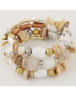 Graceful Stone and Seashell Elements Triple Layers Bohemian Fashion Bracelet - White