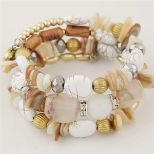 Graceful Stone and Seashell Elements Triple Layers Bohemian Fashion Bracelet - White