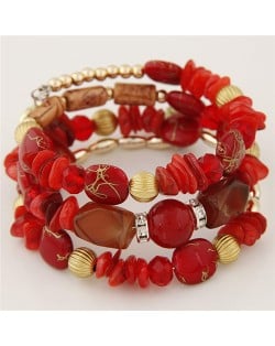 Graceful Stone and Seashell Elements Triple Layers Bohemian Fashion Bracelet - Red