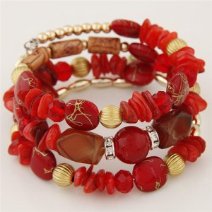 Graceful Stone and Seashell Elements Triple Layers Bohemian Fashion Bracelet - Red