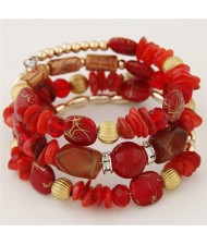 Graceful Stone and Seashell Elements Triple Layers Bohemian Fashion Bracelet - Red
