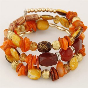 Graceful Stone and Seashell Elements Triple Layers Bohemian Fashion Bracelet - Orange