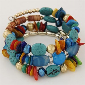 Graceful Stone and Seashell Elements Triple Layers Bohemian Fashion Bracelet - Blue