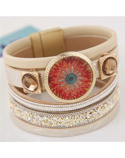 Golden Rimmed Ethnic Fashion Floral Plate with Gem Inlaid Square Decorations Design Multi-layer Leather Bangle - Khaki