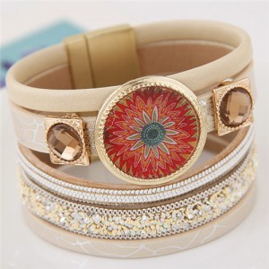 Golden Rimmed Ethnic Fashion Floral Plate with Gem Inlaid Square Decorations Design Multi-layer Leather Bangle - Khaki