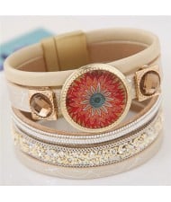 Golden Rimmed Ethnic Fashion Floral Plate with Gem Inlaid Square Decorations Design Multi-layer Leather Bangle - Khaki