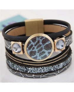 Golden Rimmed Blue Leopard Prints Plate with Gem Inlaid Square Decorations Design Multi-layer Leather Bangle - Black