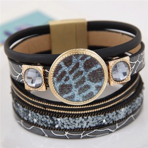 Golden Rimmed Blue Leopard Prints Plate with Gem Inlaid Square Decorations Design Multi-layer Leather Bangle - Black