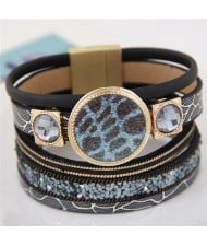 Golden Rimmed Blue Leopard Prints Plate with Gem Inlaid Square Decorations Design Multi-layer Leather Bangle - Black