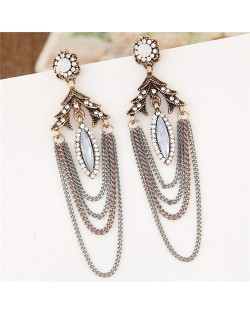 Gem Embellished Vintage Floral and Leaves Design with Tassel Fashion Earrings
