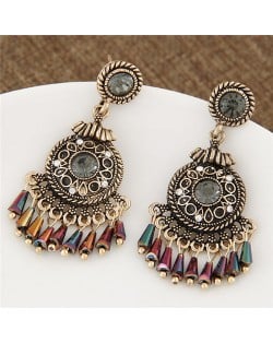 Vintage Rhinestone Inlaid Hollow Round Pendant with Beads Tassel Fashion Earrings