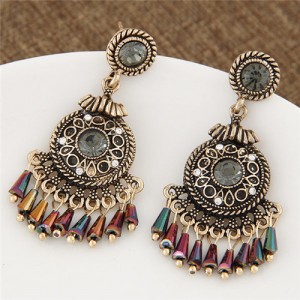 Vintage Rhinestone Inlaid Hollow Round Pendant with Beads Tassel Fashion Earrings