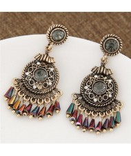 Vintage Rhinestone Inlaid Hollow Round Pendant with Beads Tassel Fashion Earrings