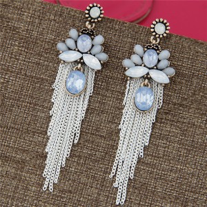 Resin Beads Floral Pattern Design Alloy Chain Tassel Fashion Earrings