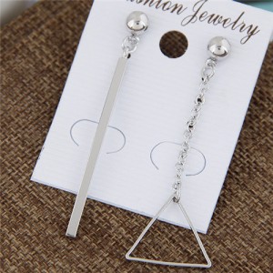 Vertical Bar and Triangle Pendant Asymmetric Fashion Earrings - Silver