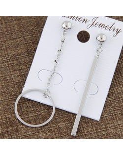 Hoop and Vertical Bar Asymmetric Earrings - Silver