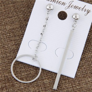 Hoop and Vertical Bar Asymmetric Earrings - Silver