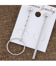 Hoop and Vertical Bar Asymmetric Earrings - Silver
