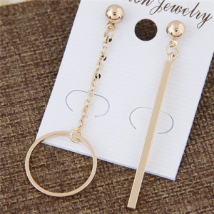 Hoop and Vertical Bar Asymmetric Earrings - Golden