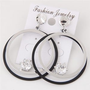 Shining Cubic Zirconia Inlaid Dual Hoops Fashion Earrings - Silver