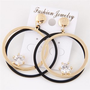 Shining Cubic Zirconia Inlaid Dual Hoops Fashion Earrings - Golden