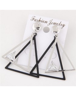 Cubic Zirconia Embellished Dual Triangles Fashion Earrings - Silver
