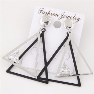 Cubic Zirconia Embellished Dual Triangles Fashion Earrings - Silver