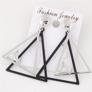 Cubic Zirconia Embellished Dual Triangles Fashion Earrings - Silver