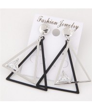 Cubic Zirconia Embellished Dual Triangles Fashion Earrings - Silver