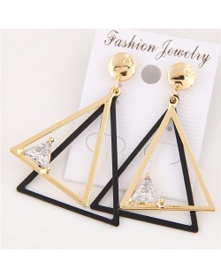 Cubic Zirconia Embellished Dual Triangles Fashion Earrings - Golden