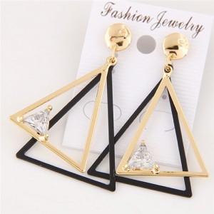 Cubic Zirconia Embellished Dual Triangles Fashion Earrings - Golden