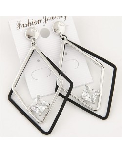Cubic Zirconia Inlaid Dual Rhombuses Costume Earrings - Silver