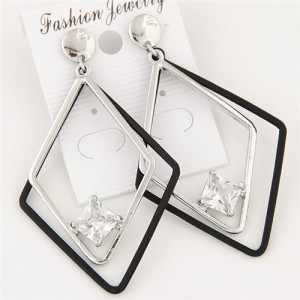 Cubic Zirconia Inlaid Dual Rhombuses Costume Earrings - Silver