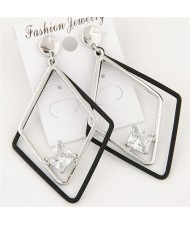 Cubic Zirconia Inlaid Dual Rhombuses Costume Earrings - Silver